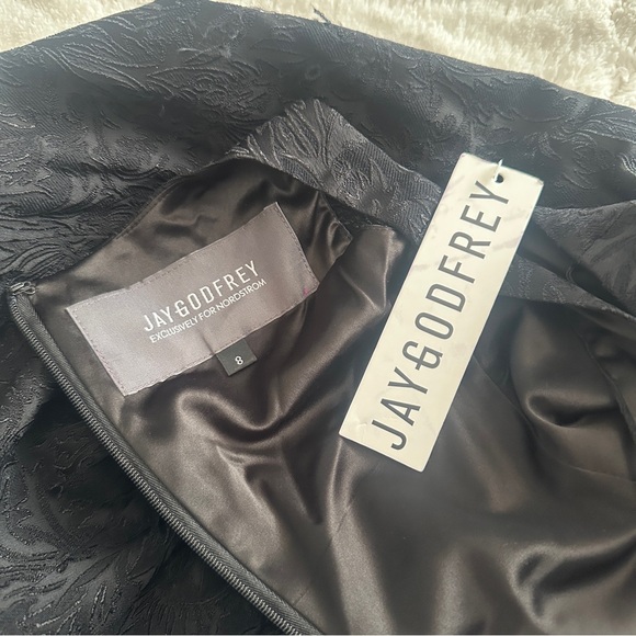 JAYGODFREY Size 8 Black Brocade Back Zip Scoop Neck Mini Dress LBD cocktails - Picture 6 of 10